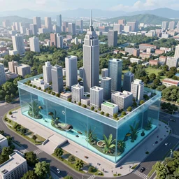aerial view of a giant fish tank shaped like a city in the middle of new york city, 8 k octane render, highly detailed and photorealistic