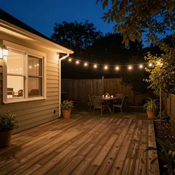 a still photo of a backyard at night with fairy lights, house on the left side with wooden flooring, warm lighting, after party
