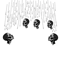 heads of african man raining from the sky, outline drawing, monochrome, magritte