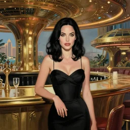 beautiful woman with black hair and green eyes, resembling megan fox and angelina jolie. she is wearing a cocktail dress. she is in the bar of the atlantis paradise, a retro futuristic spaceship made of brass bronze gold, art deco influence, hotel style design. clean, well composed painting by artgerm and greg rutkowski and tim white.
