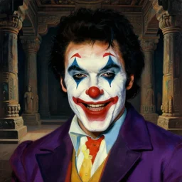 a closer personal portrait of!!!!!! clownvis presley!!!!!! very charismatic. in the old ancient temple. masterpiece, dark. painted by norman rockwell and james gurney