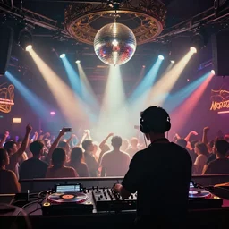 beautiful digital art of a dj on stage spinning records with headphones looking over crowd dancing at a club by mobius, silhouette, volumetric lighting, haze, moving heads light beams, spot lights, disco ball, trending on artstation, 4k, unreal engine, intricate, ornate