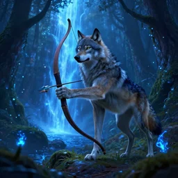 humanoid wolf holding an bow and arrow in hand in an enchanted forest with a blue hue and blue fireflie and a waterfall in the distance that magically glows blue, insanely detailed - n 6