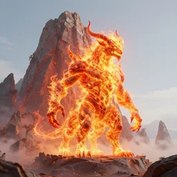 gigantic fire elemental, standing beside a giant mountain, stuning 3 d render, masterpiece, glowing aura, by donato giancola and greg rutkowski and wayne barlow and zdzisław beksinski, realistic face