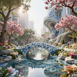 highly detailed sharp city morning light cinematic composition of a smooth ceramic porcelain canal bridge biophilic magnolia stone nebula fluid sci - fi surreal colorful flowers architecture landscape, granite, trees, marble, moss, lichen, fungi, vincent callebaut composition, mamou - mani, archviz, 8 k, unreal engine, hdr