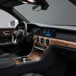 interior of a high end luxury car, wood dash, black leather, concept, artstation, 8 k, very high quality,