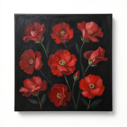 oil painting of various red flowers painted on a black background