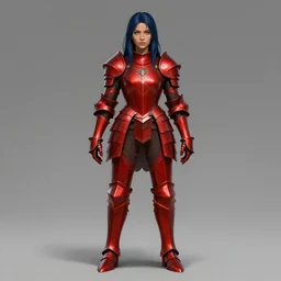 Lady in Red armor, Dark blue hair, pretty face, light brown skin, green eyes, practical armor, ornamental, symmetry, by donato giancola, by RossDraws, by leng jun, matte painting, D&D, high fantasy, full body picture, no extra limbs, no extra character, trending on artstation artstationHQ, artstationHD, octane, cgsociety