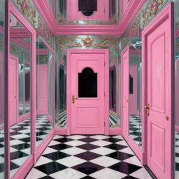 diego dayer, alex gross, hyperrealistic surrealism, award winning masterpiece with incredible details, a surreal vaporwave painting of bright pink door leading to nowhere, mirrors everywhere, highly detailed, hallway with black and white checkered floor, intricate, elegant