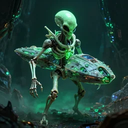 alien spaceship made out of bones, neon, glow, green, horror,
