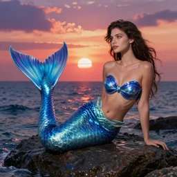 hyper realistic fashion photography of a beautiful mermaid with a beautiful blue tail, looking out into an ocean sunset