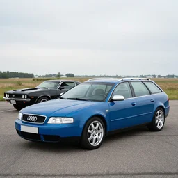 A mix of Denim Blue Audi A4 B6 Avant (2002) and a Chevrolet Camaro (1969), wide shot