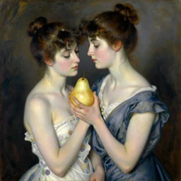 vintage beautiful painting of a woman getting wrapped by a pear into a pear woman in Mary Cassatt style