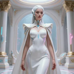 detailed portrait of a seducing cyber noun, attractive feminine curves, scifi, futuristic, elegant cape, year 2 1 0 0, elegant, alien room background, white, blue, pink, gold, photorealism, trending on artstation, so - s 1 4 8 ft light, holy machine, advanced technology, art by vitaly bulgarov and chanthara