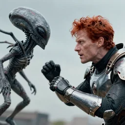a man wearing futuristic armor attacking an alien, detailed face, redhead, by greg rutkowski, mandy jurgens