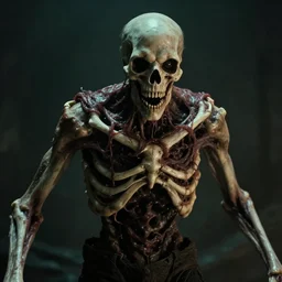 monster with bones protruding from its face, flesh, cinematic lighting, horror movie, lovecraftian, cosmic horror, movie still, life action movie directed by david cronenberg and guillermo del toro