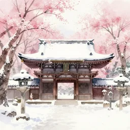 寺 in a 雪 landscape surrounded by 桜, long shot, watercolour painting
