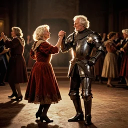 a couple of grandparents of 1 0 0 years old wearing knight iron costume and dancing, kodachrome, backlight, add a glow around subj. edge, in twin peaks, 1 9 9 0 s