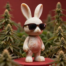 rabbit groot as marble statue, big sunglasses, in marijuanas gardens, soft surface texture, very realistic 3 d render, soft sun lights, 4 k, high detailed photography result, 5 0 mm lens, rich deep colors, smooth gradients, depth of field, cinematic, hyper realism, high detail, octane render, unreal engine, 8 k, vibrant red colors