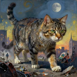 gigantic cat walking on apocalyptic city, very detailed fine art, trend of artistation, style of kadinskyi and repin and greg rutkowski and ilia kuvshinov