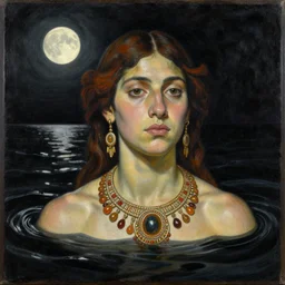 hyperrealist painting portrait half body shoulder inca jewelry submerge in a black waves, moon light wet by lucian freud and alphonse mucha,, very detailed faces