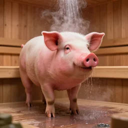 pink pig taking a how shower in a sauna, hot steam of water, wooden cabin background, popular on artstation, unreal engine, nvidia graphics,.