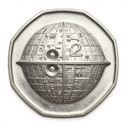 silver octagonal coin with a relief of a death star and number 2 on it
