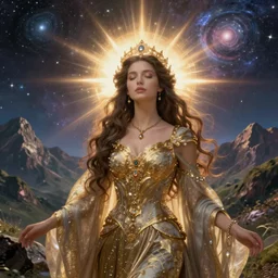 photorealistic depicting of a dreaming queen, in the background with mountains and universes