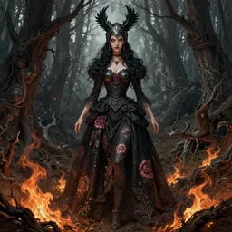fantasy full body shot, witch with 4 eyes, black hair, crow helmet, floral dress, dead forest, intricate detail, photorealistic, elegant, stylish, highly detailed, digital painting, artstation, concept art, smooth, sharp focus, illustration, art by artgerm and greg rutkowski and terese nielsen, fire scheme