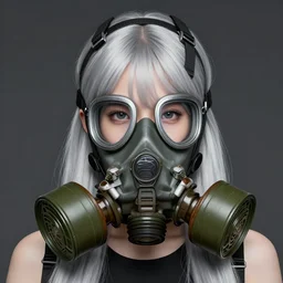 girl silver hair, multicam, gas mask, realistic illustration by Yoji Shinkawa and Krenz Cushart, cinematic portrait