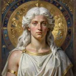 hyperrealistic painted portrait of artemis greek goddess white hair masculine mature [ ancient greek motif background ] robe fantasy intricate elegant detailed rule of thirds digital painting trending artstation concept art sharp focus illustration art by alphonse mucha greg rutkowski
