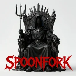 heavy metal art of a spoon wearing a black robe holding a pitchfork in a throne, the text reads SPOONFORK in red text