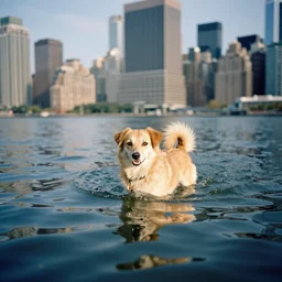 a floating dog in new york, wide lens, cinestill 8 0 0 t