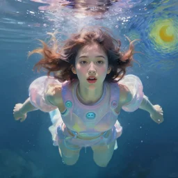 portrait of a beautiful girl underwater, futuristic clothes, pastel colors, beautiful face, rule of thirds, spotlight, drips of paint, expressive, passionate, by mandy jurgens, by vincent van gogh, digital painting
