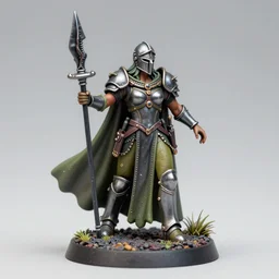 80mm resin detailed miniature of a Queen of war, Battle armor, iron helmet,  Very long cloak, Very muscular, olive skin, on textured base; Miniature product Introduction Photos, 4K, Full body; Front view