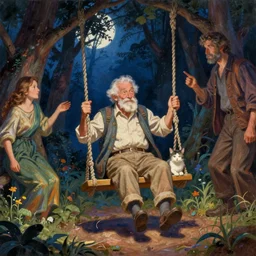 an old man and a cat having fun on a swing at night in ancient woods, artwork by alexander jansson and andy kehoe and graig mullins and gediminas pranckericius, remedios varo, octane, unreal engine