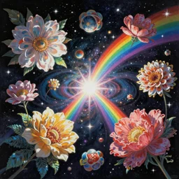 An epic fantastic realism comic book style painting of the most beautiful spinning flowers floating into the dark cosmos, exquisite bouquets, fisheye, a star explodes into rainbows, unreal 5, DAZ, hyperrealistic, octane render, dynamic lighting