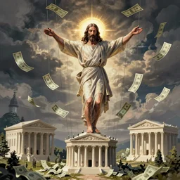 Jesus Christ controlling banks with marionette strings, halo of dollar bills, political cartoon,