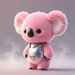 high quality 3 d render hyperrealistic very cute small pink koala dj, fog, steam, smoke, plush mascot, short spiky dense fluffy smooth hair, photo from the side, pink fluffy fur, 1 5 0 mm, beautiful natural soft light, rim light, smooth background, artstation, ultra detailed, elegant, ultra detailed, metallic armor, octane render