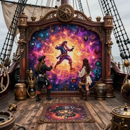 pirate themed escape room set on the deck on pirate ship from 1 7 2 0. steampunk and magical colors. trending on artstation, realistic.