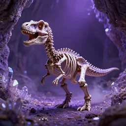 full shot portrait of tiny dinosaur skeleton in a cave covered in shiny crystals, detailed, unreal engine 4k volumetric light, fog, purple color palette