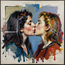 mixed media canvas and oil portrait of two women kissing, basquiat style
