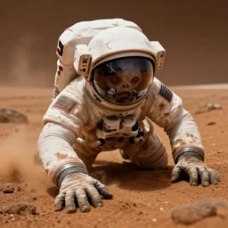 an astronaut zombie crawling on mars, with cracked space helmet, dusty space suit, reaching towards camera viewpoint, best on artstation, cgsociety, wlop, cosmic, epic, stunning, gorgeous, much detail, much wow, masterpiece