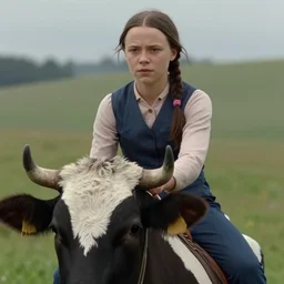 film still close - up shot of greta thunberg riding a cow from the movie brokeback mountain. photographic, photography