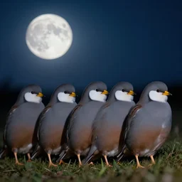 a row of fat bearded reedlings, midnight, moonlight, full moon, highly detailed, intricate, hyper realistic, movie frame