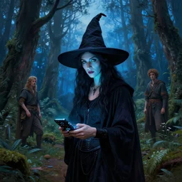 hyper realistic witch modem with mood lighting and tech in the woods gorgeous lighting, blue sky, highly detailed, lush forest painting by zdzisław beksinski and norman rockwell and greg rutkowskiweta studio, and lucasfilm