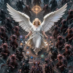 drone view of an angel surrounded by an army of endless demons, fantasy character portrait made of fractals facing each other, ultra realistic, wide angle, intricate details, the fifth element artifacts, highly detailed by peter mohrbacher, hajime sorayama, wayne barlowe, boris vallejo, aaron horkey, gaston bussiere, craig mullins