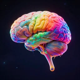 a brain floating in space that is melting in to rainbow colours, by Stefan Gesell , hyperrealism, neon lighting