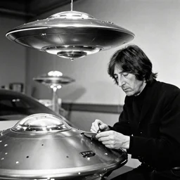 John Lennon & Tesla working together ufo technology, black & white photograph