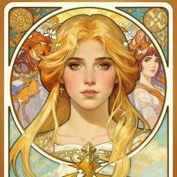 masterpiece head-on symmetrical centered painted portrait, Imogen Poots as Elden Ring paladin, blonde hair, elegant, in the style of Moebius and Mohrbacher and ROSSDRAWS and Ross Tran and Alphonse Mucha and Ayami Kojima, Pixar style, Maya engine, splash comics style, tarot card style, Art Nouveau, rich bright colours